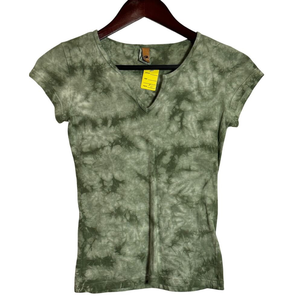 NWT New Vintage Deadstock Y2K Green Tie dye fitted V Neck Tee 100% Cotton